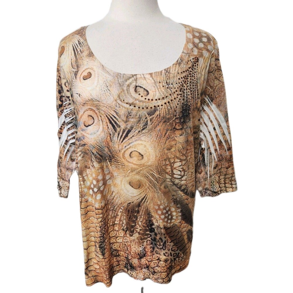 CLOSET FULL Top Women's XXL Brown Animal Print  Studs 3/4 Sleeve Knit Sublimated